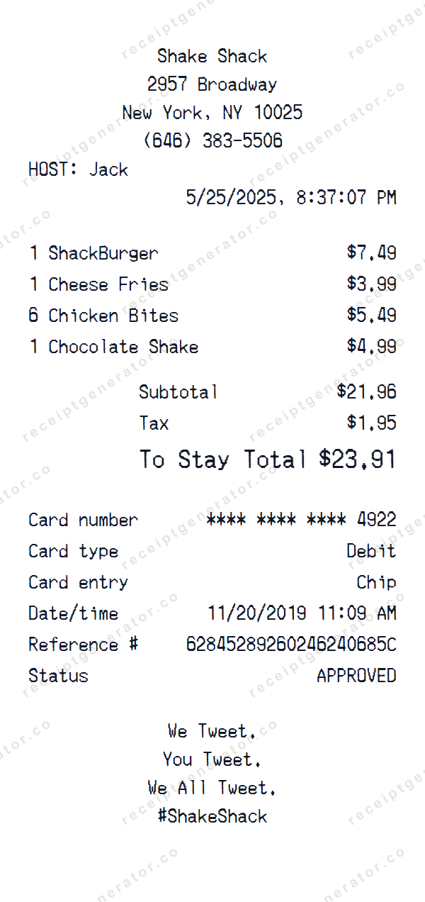 Shake Shack Receipt Template Shake Shack receipt template preview — realistic Shake Shack receipt with items, prices, tax, and payment details