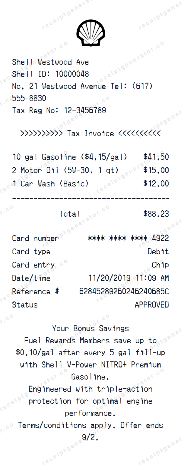 Shell Receipt Template Shell receipt template preview — realistic Shell receipt with items, prices, tax, and payment details