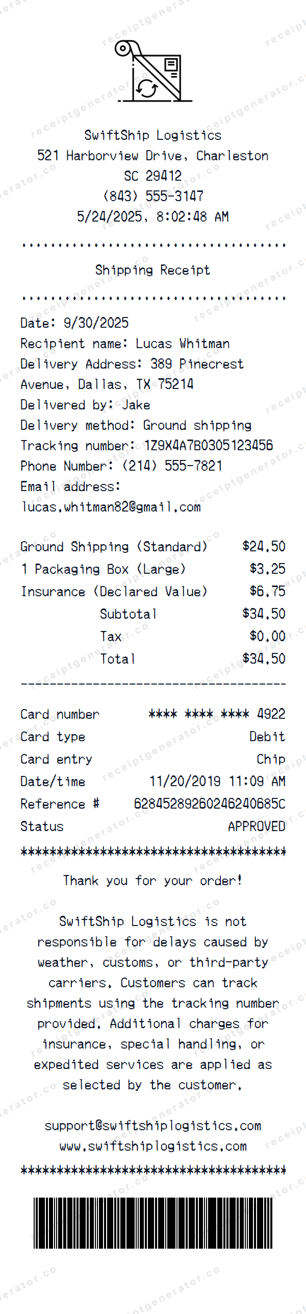 Shipping Receipt Template Shipping receipt template preview — realistic Shipping receipt with items, prices, tax, and payment details