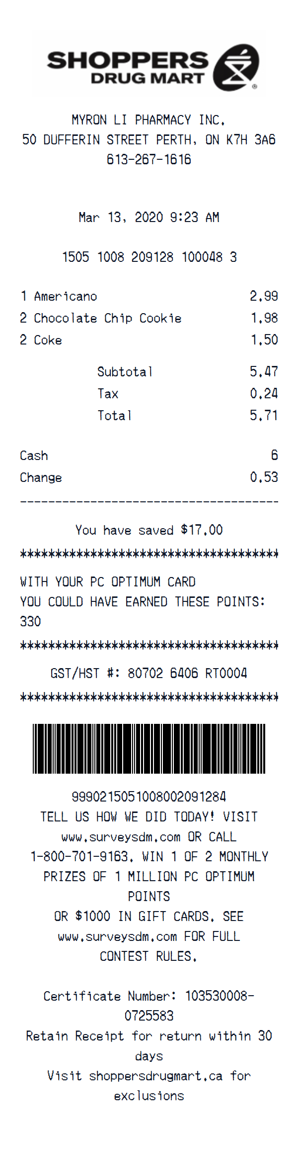 Shoppers Drug Mart Receipt preview