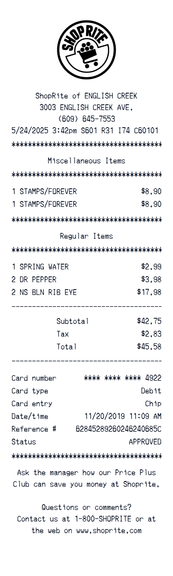 Shoprite receipt example