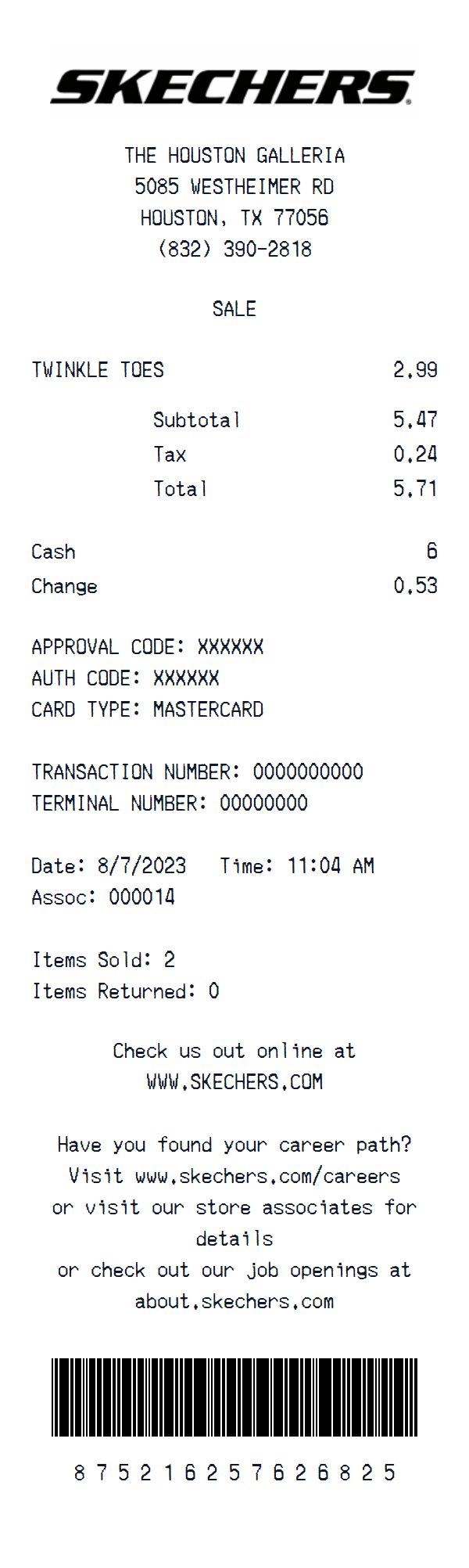 Skechers receipt example