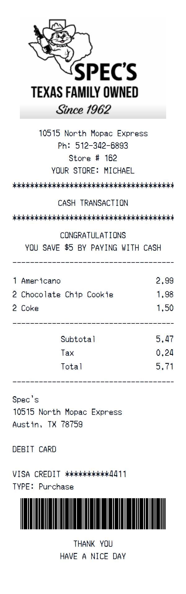 Spec's receipt example