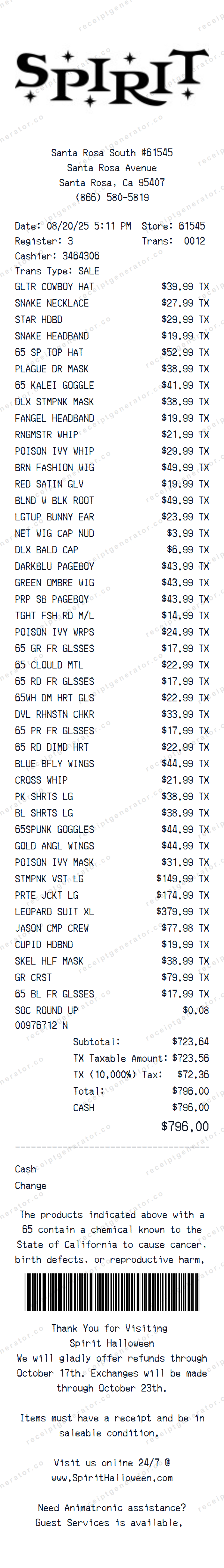 Spirit Halloween Receipt Template Spirit Halloween receipt template preview — realistic Spirit Halloween receipt with items, prices, tax, and payment details