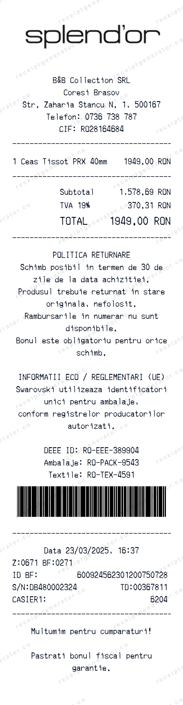 Splend’Or Receipt Template Splend’Or receipt template preview — realistic Splend’Or receipt with items, prices, tax, and payment details