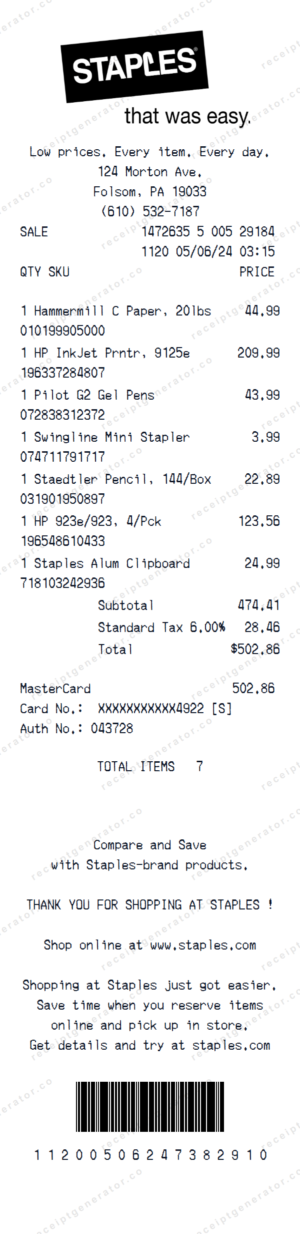 Staples Receipt Template Staples receipt template preview — realistic Staples receipt with items, prices, tax, and payment details