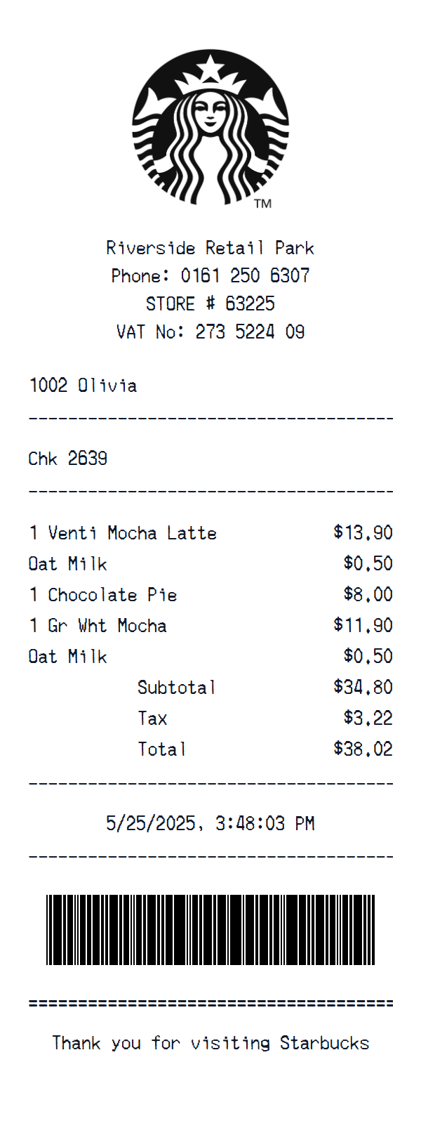 Starbucks receipt example