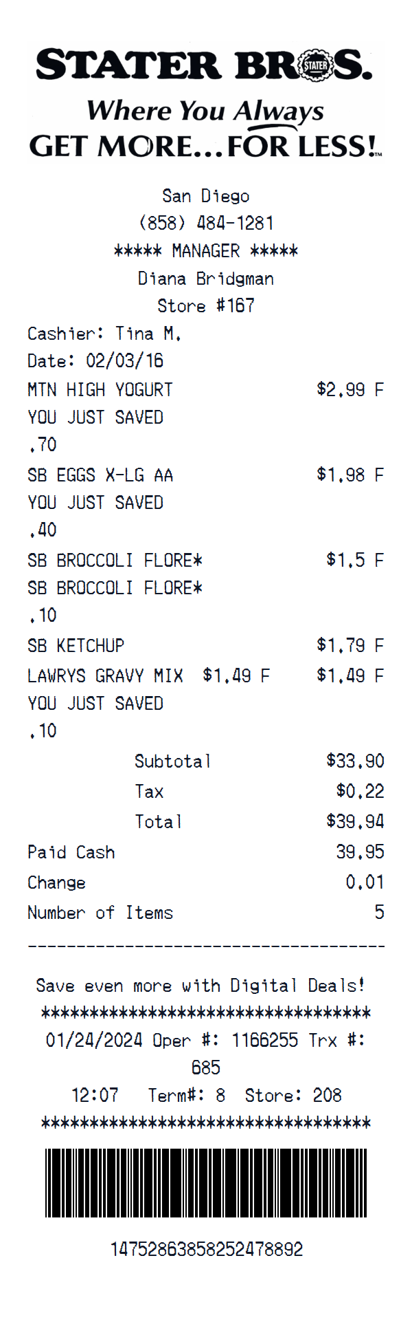 Stater Bros. receipt example