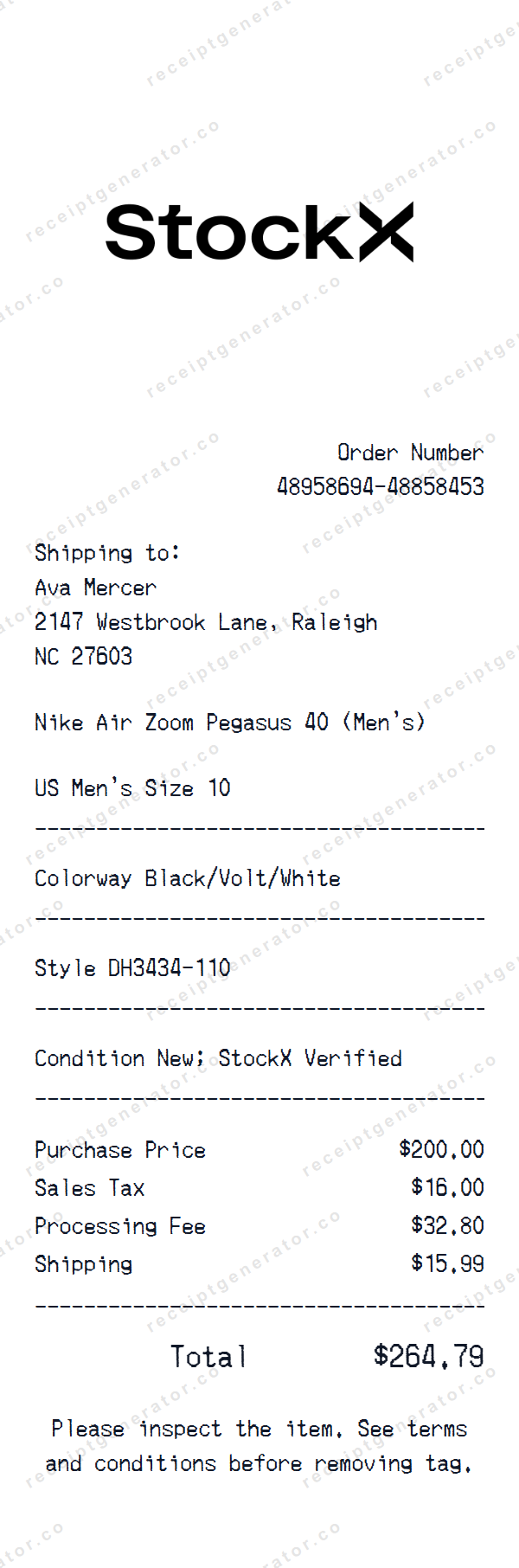 StockX Receipt Template StockX receipt template preview — realistic StockX receipt with items, prices, tax, and payment details