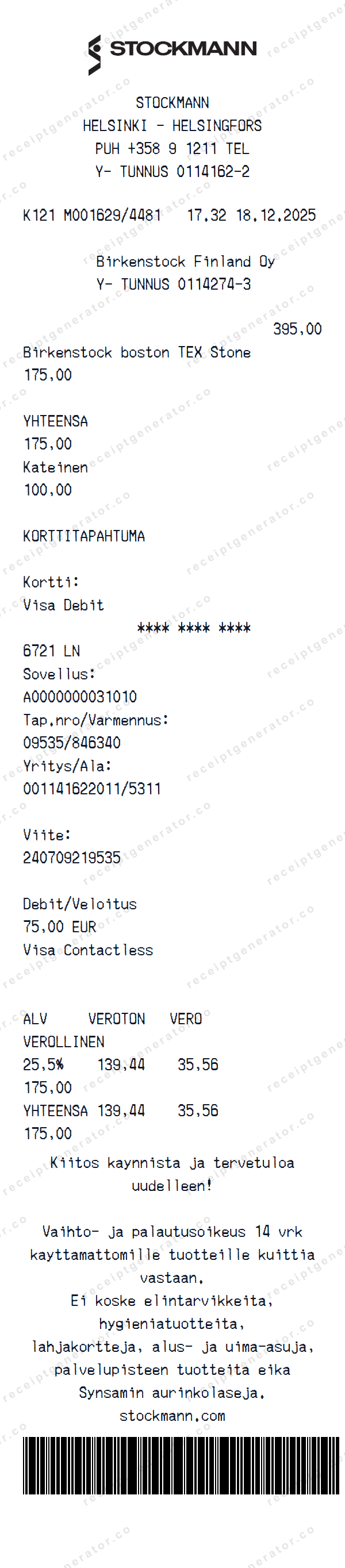 Stockmann Receipt Template Stockmann receipt template preview — realistic Stockmann receipt with items, prices, tax, and payment details