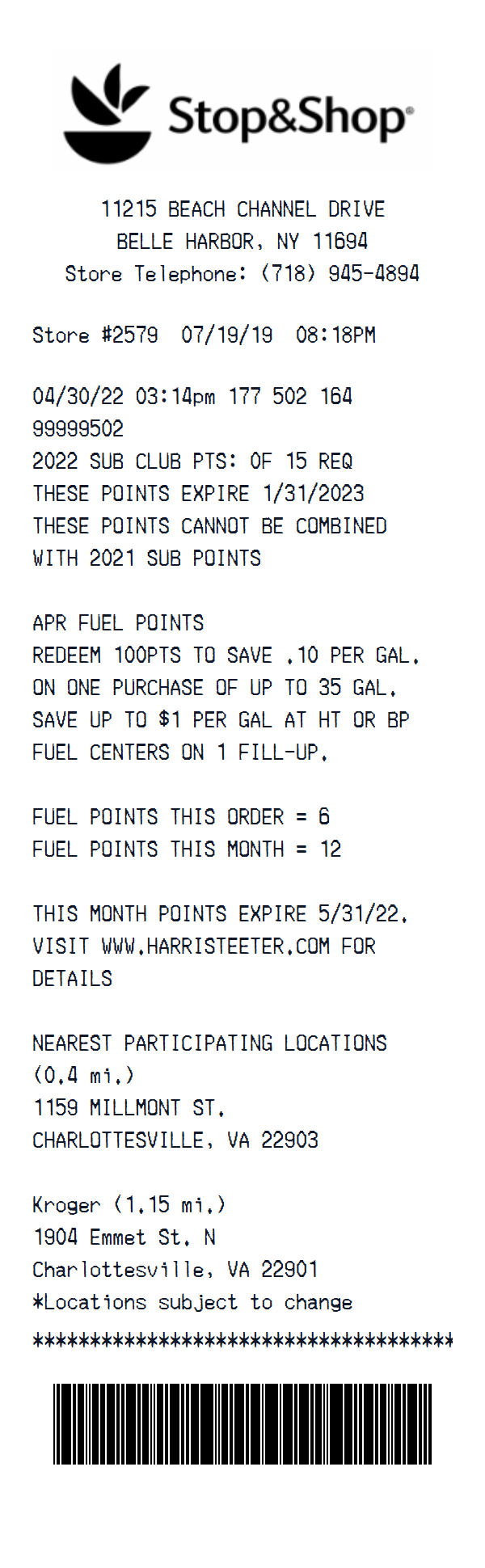Stop & Shop receipt example