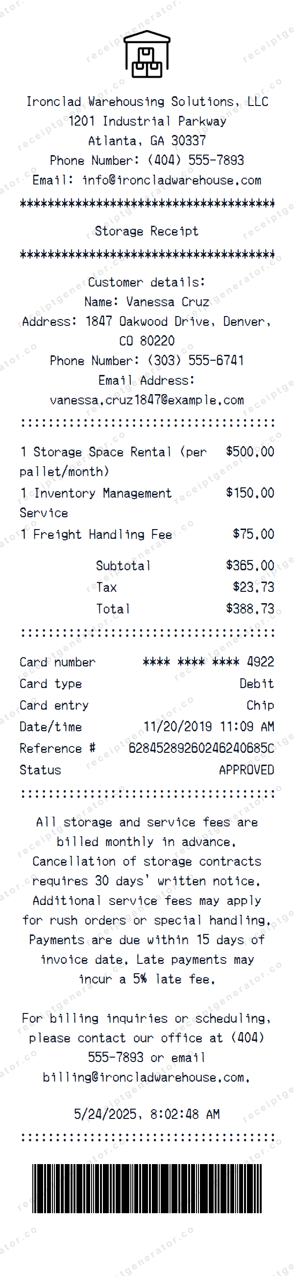 Storage Receipt Template Storage receipt template preview — realistic Storage receipt with items, prices, tax, and payment details