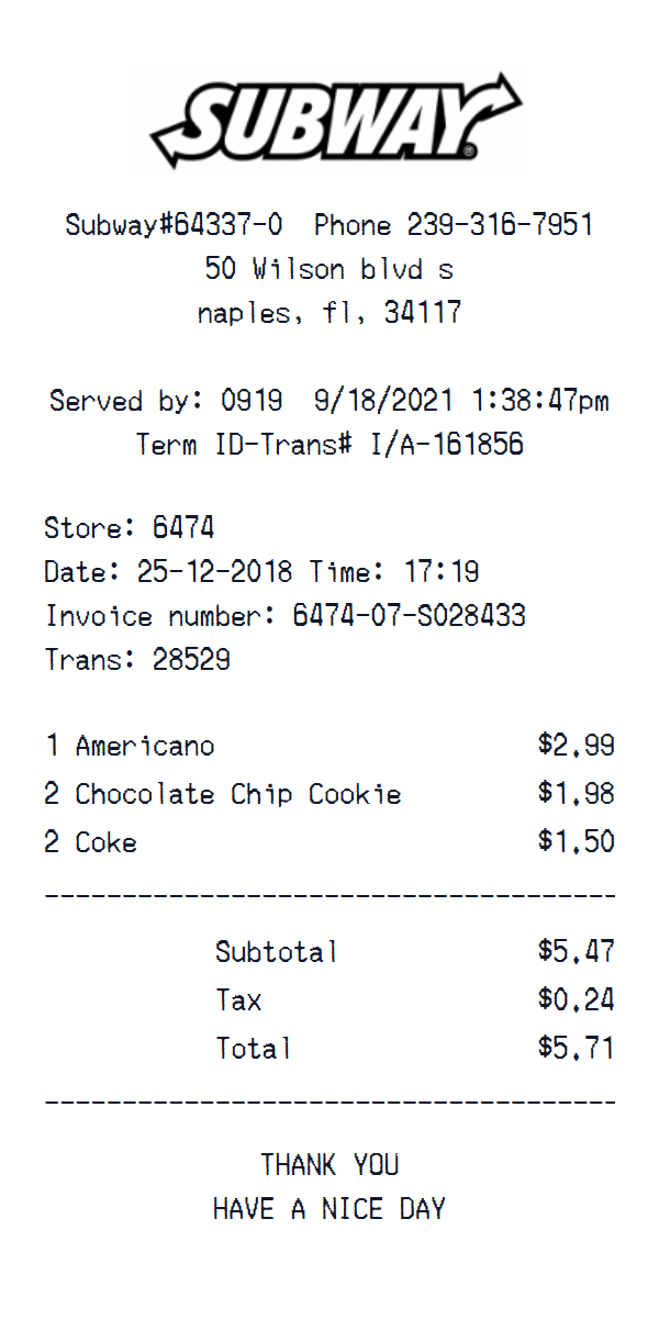 Subway receipt example
