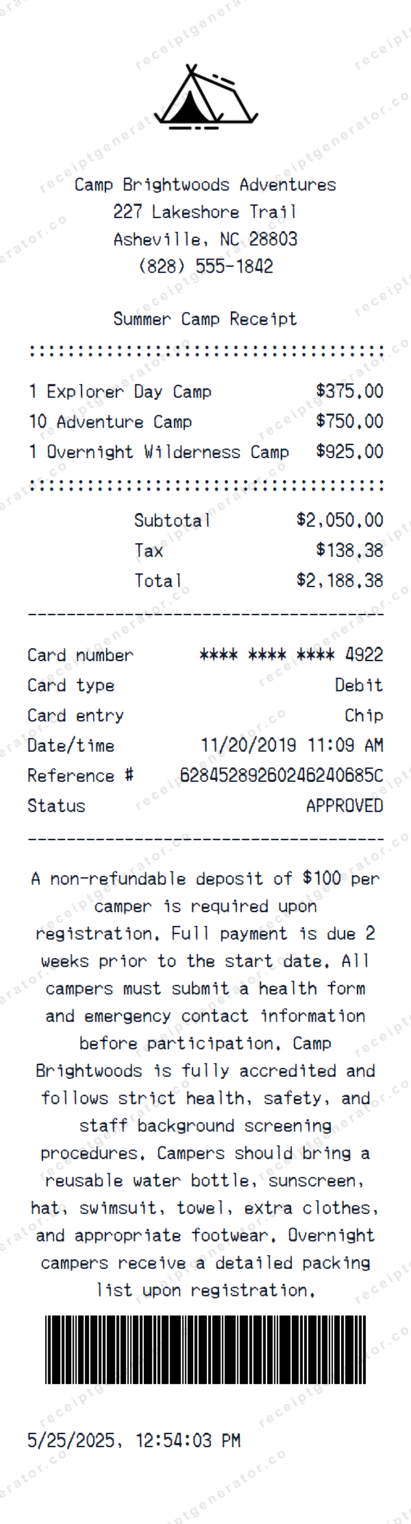 Summer Camp Receipt Template Summer Camp receipt template preview — realistic Summer Camp receipt with items, prices, tax, and payment details