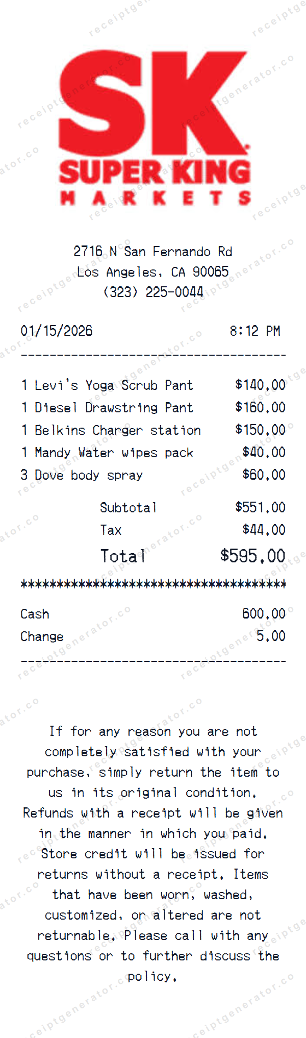 Super King Markets Receipt Template Super King Markets receipt template preview — realistic Super King Markets receipt with items, prices, tax, and payment details