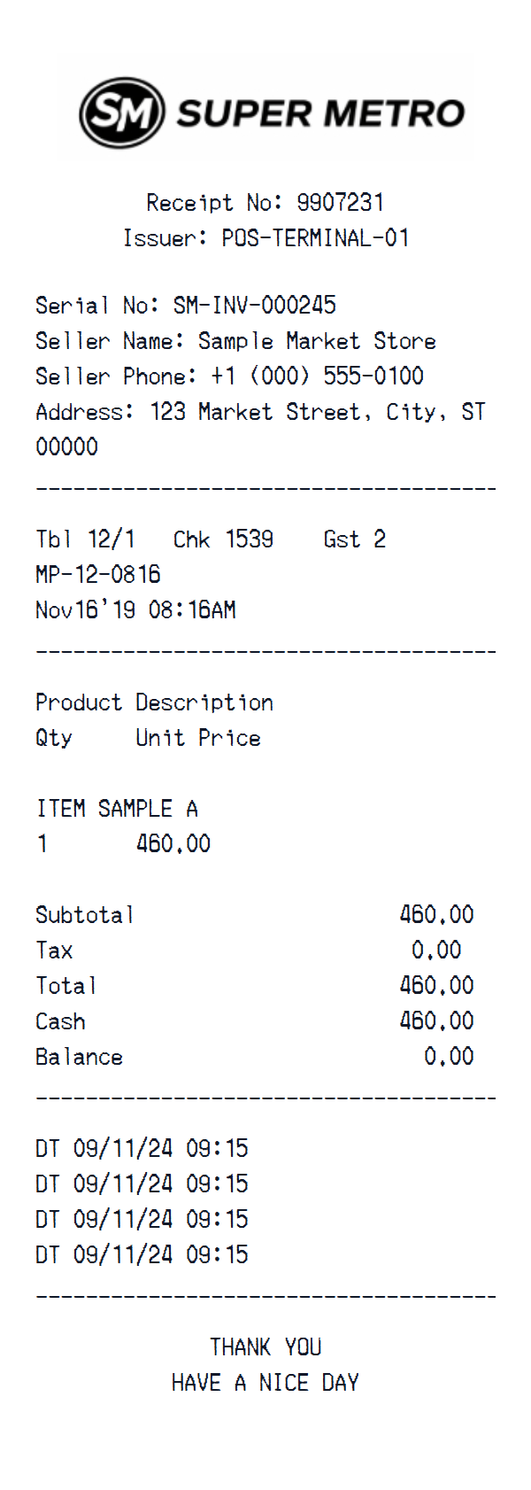 Super Metro receipt example