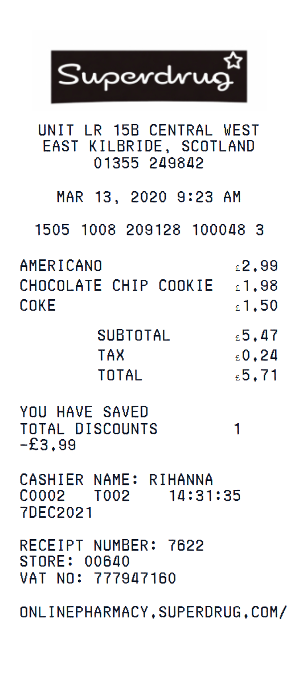 Superdrug receipt example
