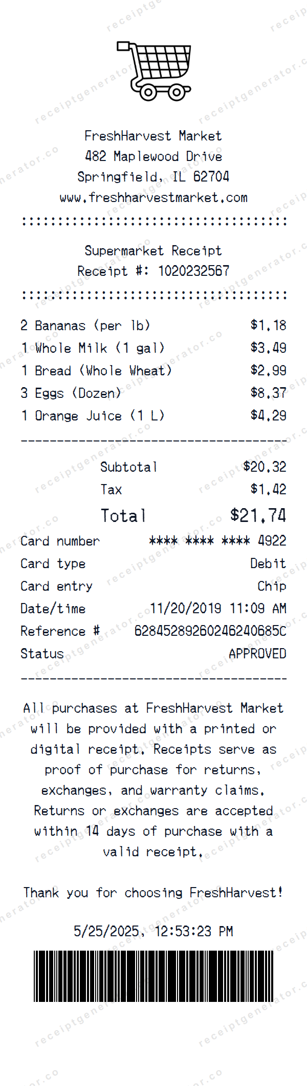 Supermarket Receipt Template Supermarket receipt template preview — realistic Supermarket receipt with items, prices, tax, and payment details