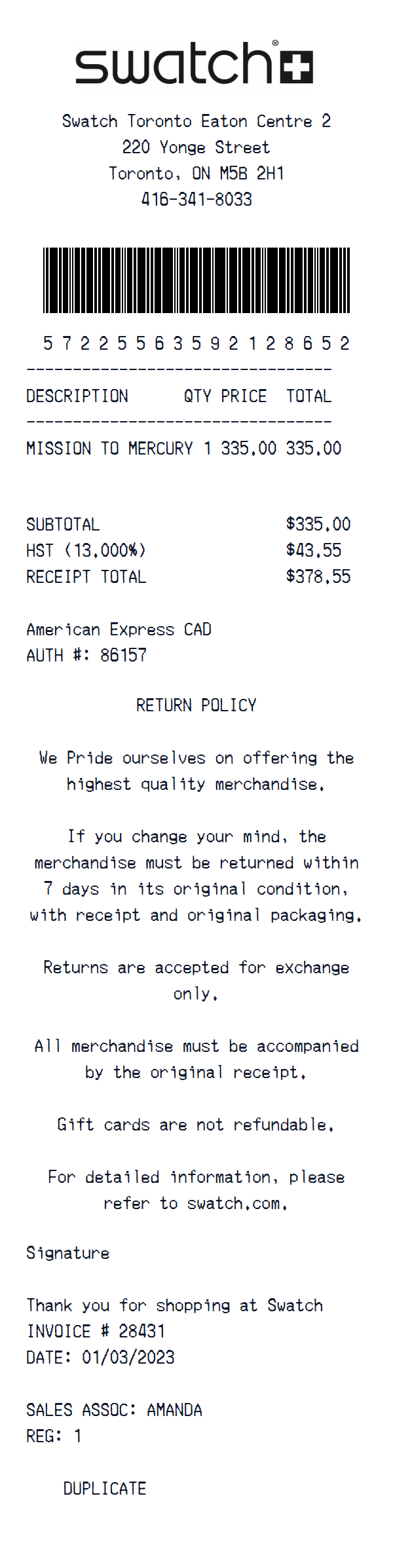 Swatch receipt example