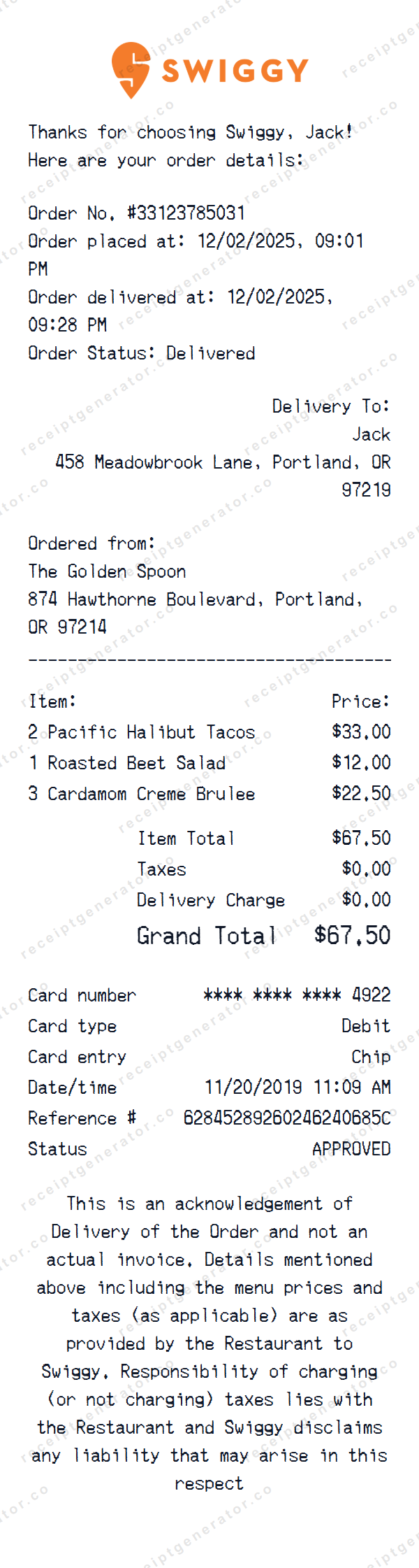 Swiggy Receipt Template Swiggy receipt template preview — realistic Swiggy receipt with items, prices, tax, and payment details