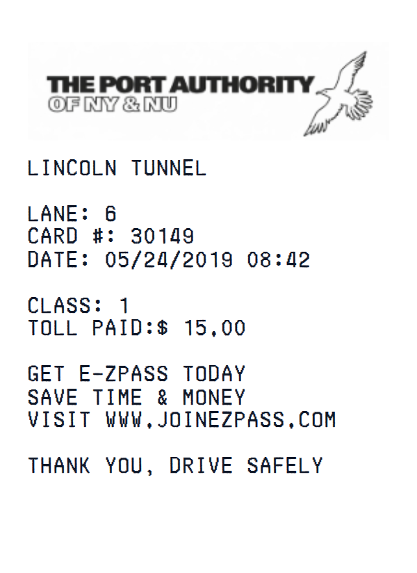 THE PORT AUTHORITY receipt example