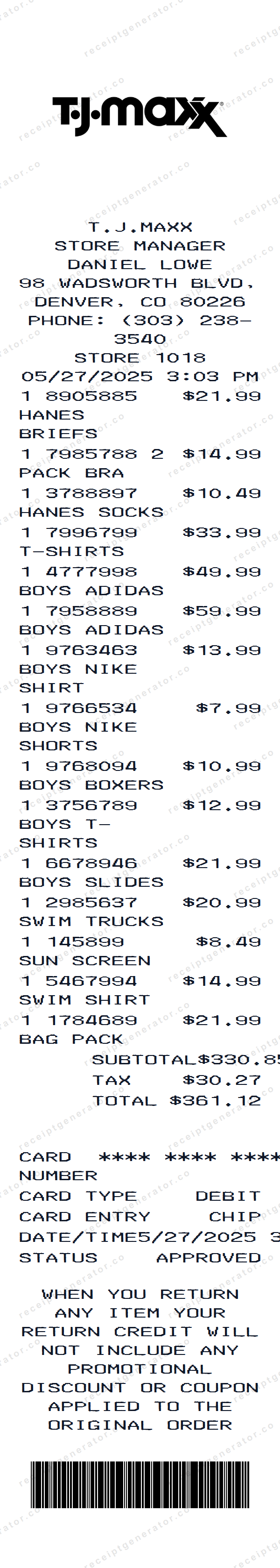 TJ Maxx Receipt Template TJ Maxx receipt template preview — realistic TJ Maxx receipt with items, prices, tax, and payment details