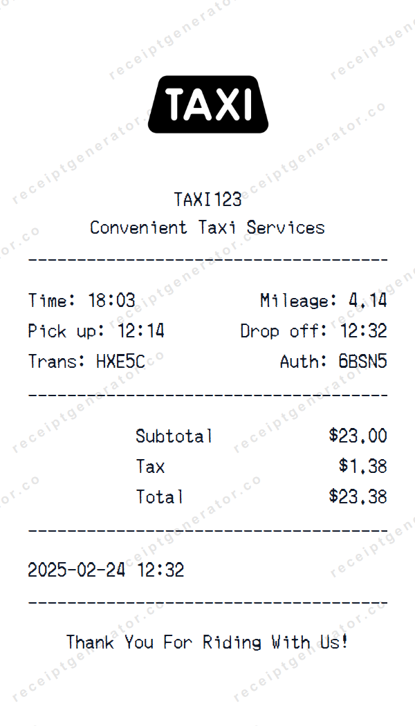 Taxi Ride Receipt Template Taxi Ride receipt template preview — realistic Taxi Ride receipt with items, prices, tax, and payment details