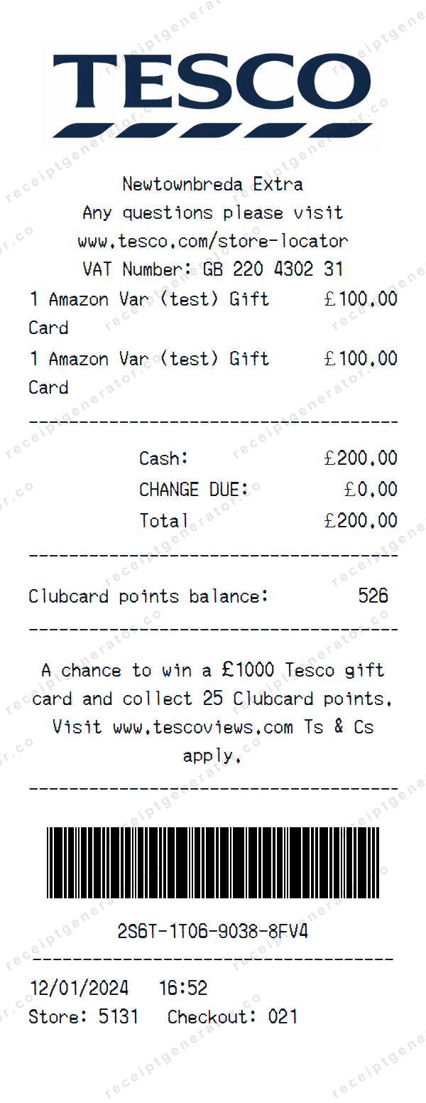 Tesco Receipt Template Tesco receipt template preview — realistic Tesco receipt with items, prices, tax, and payment details