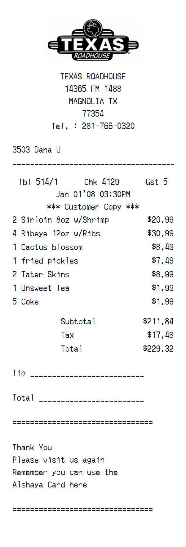 Texas Roadhouse Receipt preview