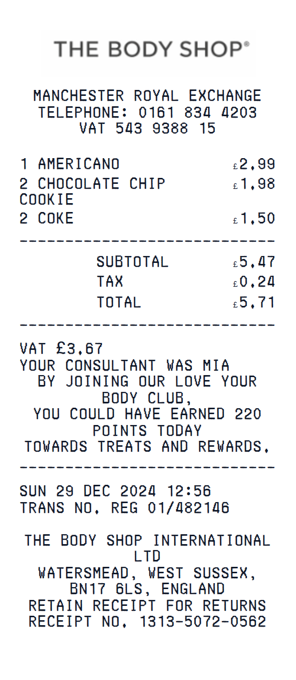 The Body Shop receipt example