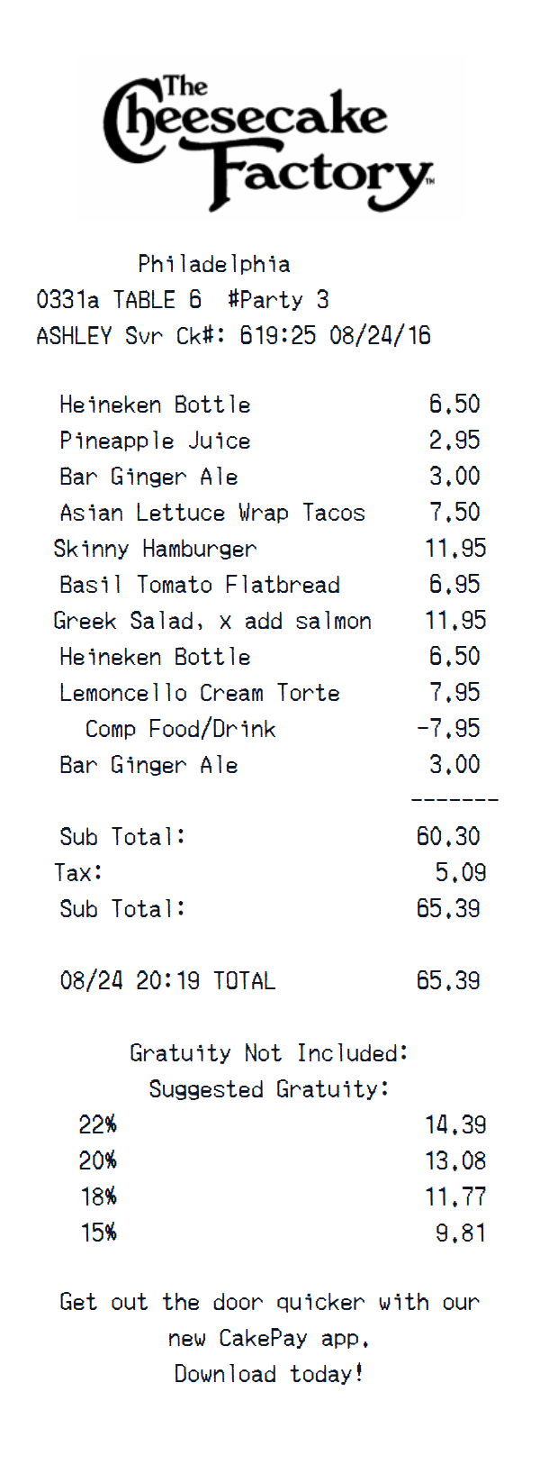 The Cheesecake Factory receipt example