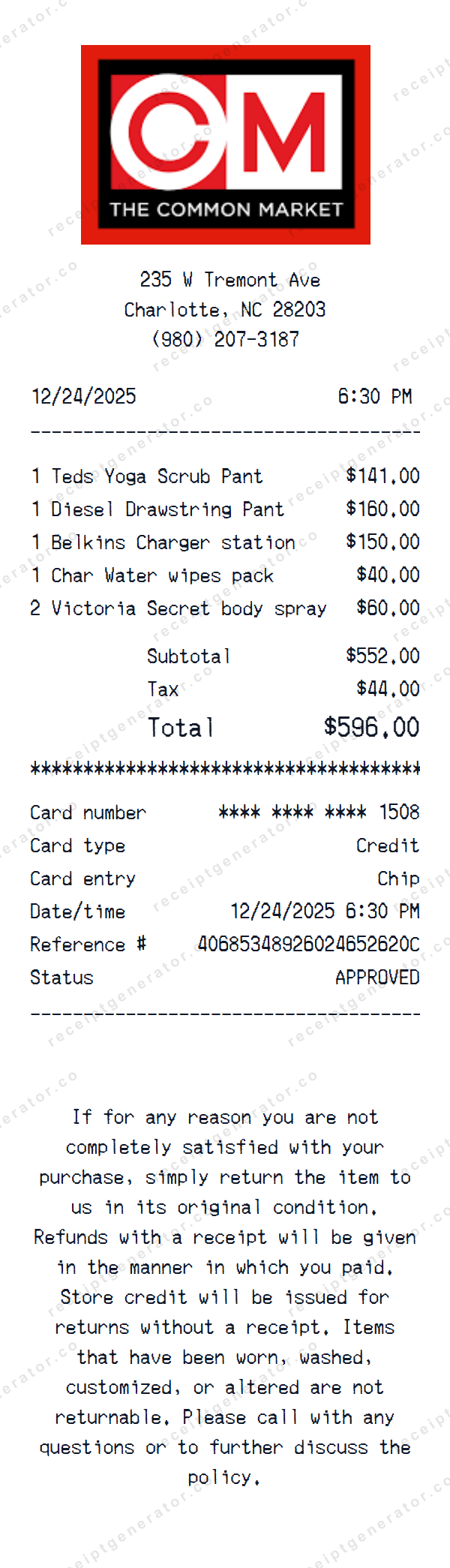 The Common Market Receipt Template The Common Market receipt template preview — realistic The Common Market receipt with items, prices, tax, and payment details