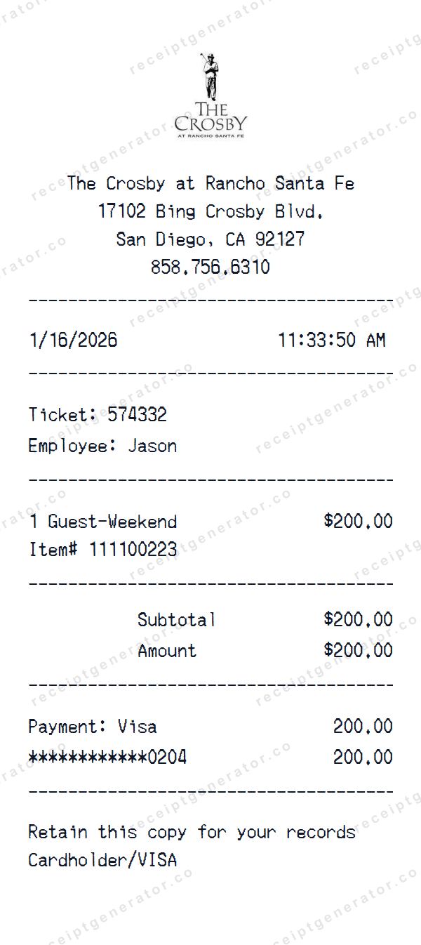 The Crosby Receipt Template The Crosby receipt template preview — realistic The Crosby receipt with items, prices, tax, and payment details