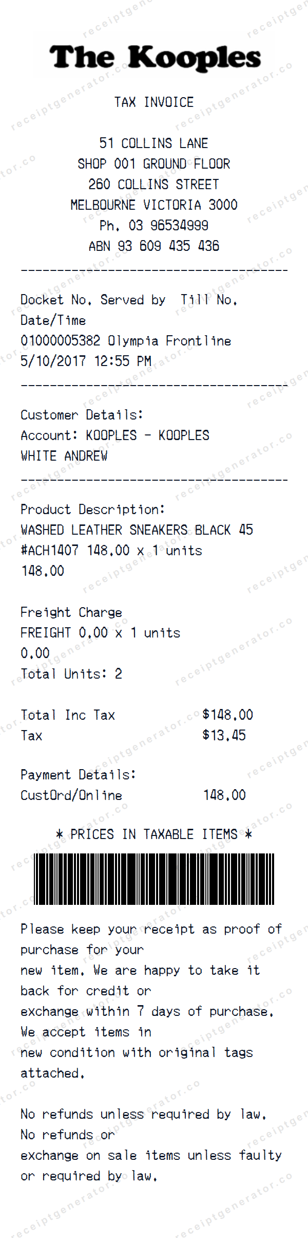 The Kooples Receipt Template The Kooples receipt template preview — realistic The Kooples receipt with items, prices, tax, and payment details