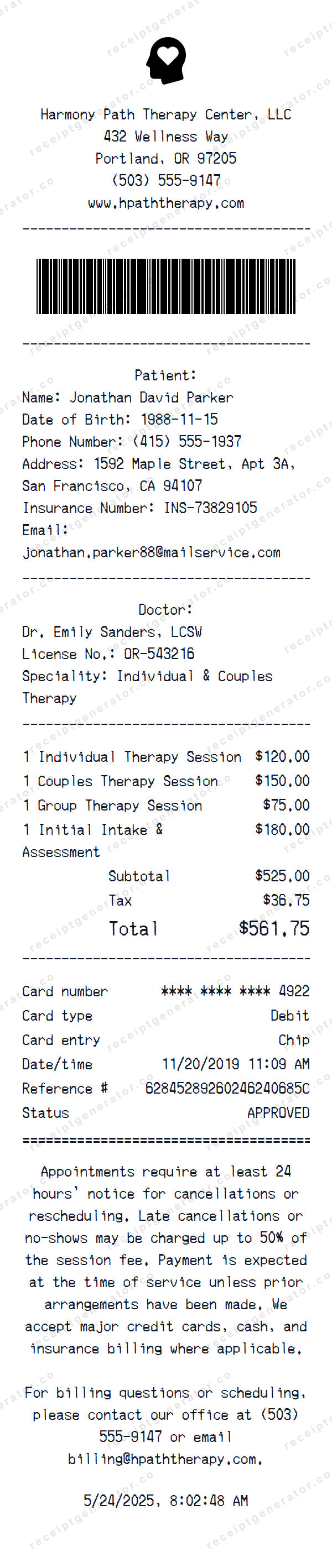 Therapy Receipt Template Therapy receipt template preview — realistic Therapy receipt with items, prices, tax, and payment details