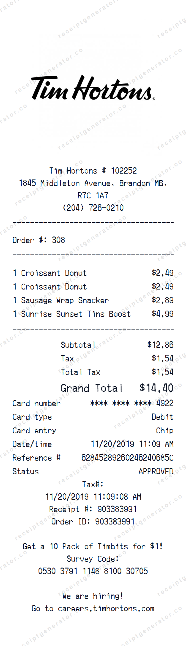Tim Hortons Receipt Template Tim Hortons receipt template preview — realistic Tim Hortons receipt with items, prices, tax, and payment details