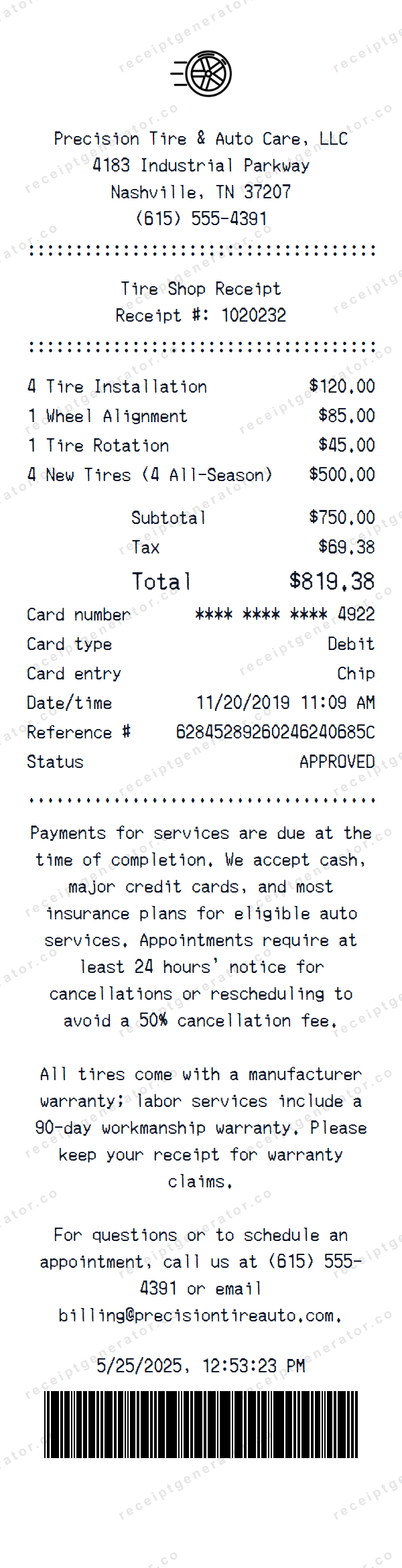 Tire Shop Receipt Template Tire Shop receipt template preview — realistic Tire Shop receipt with items, prices, tax, and payment details