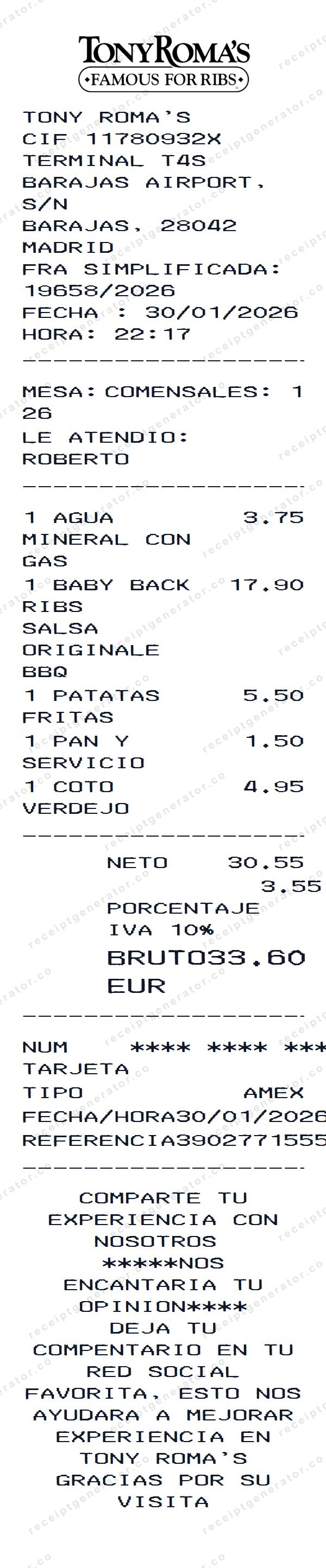 Tony Roma’s Receipt Template Tony Roma’s receipt template preview — realistic Tony Roma’s receipt with items, prices, tax, and payment details