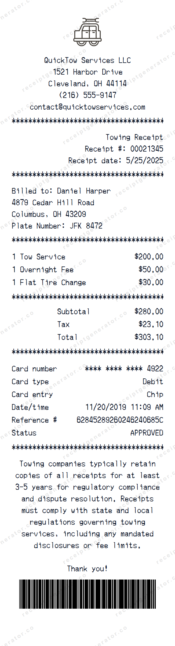 Towing Receipt Template Towing receipt template preview — realistic Towing receipt with items, prices, tax, and payment details
