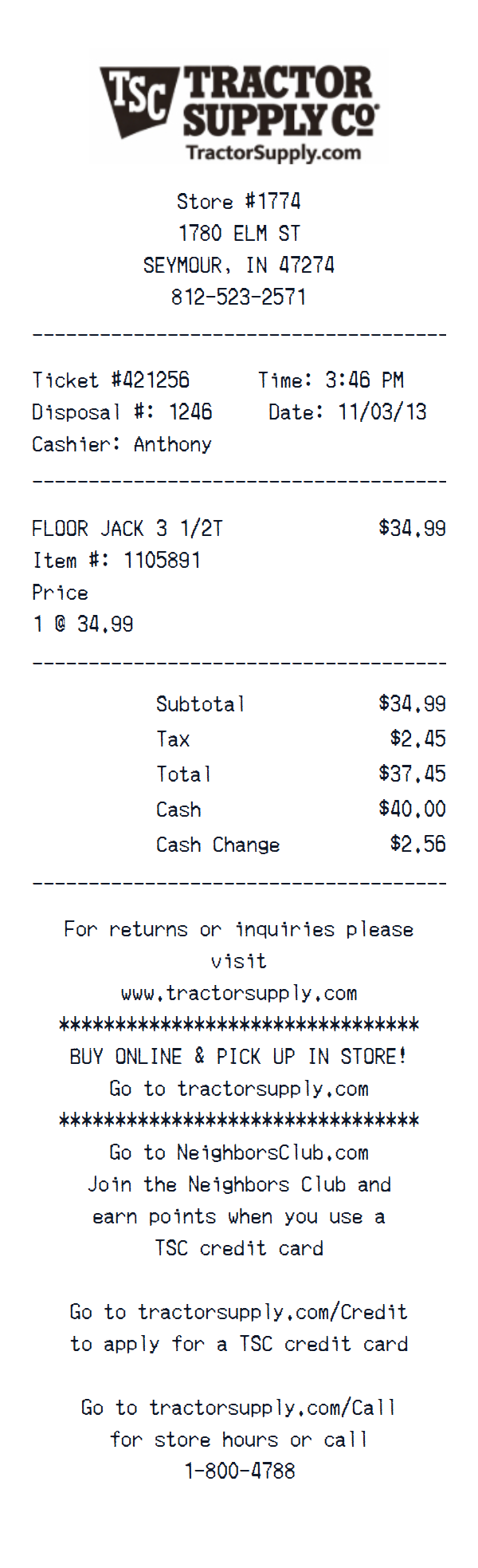 Tractor Supply Co receipt example