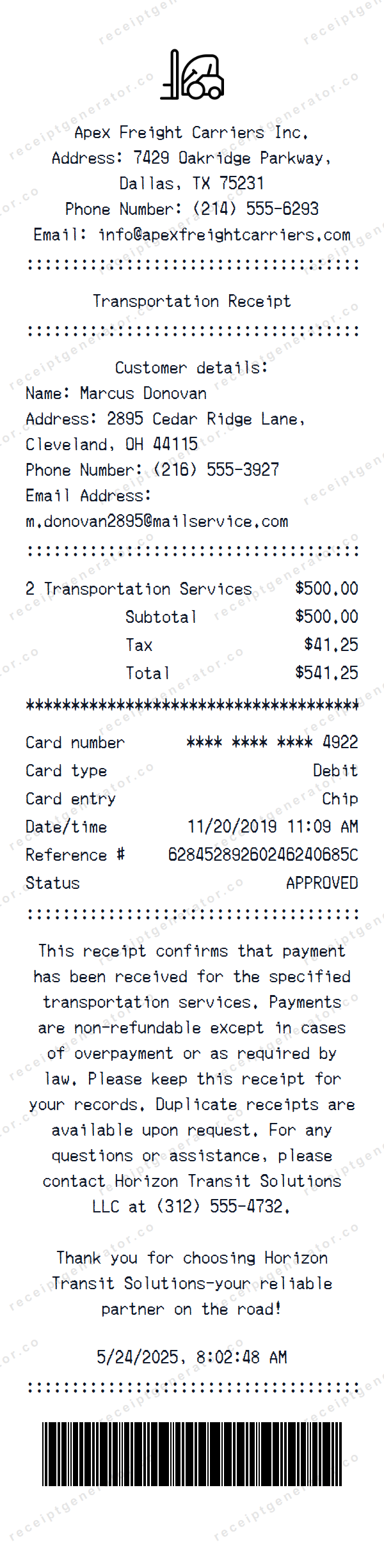 Transportation Receipt Template Transportation receipt template preview — realistic Transportation receipt with items, prices, tax, and payment details