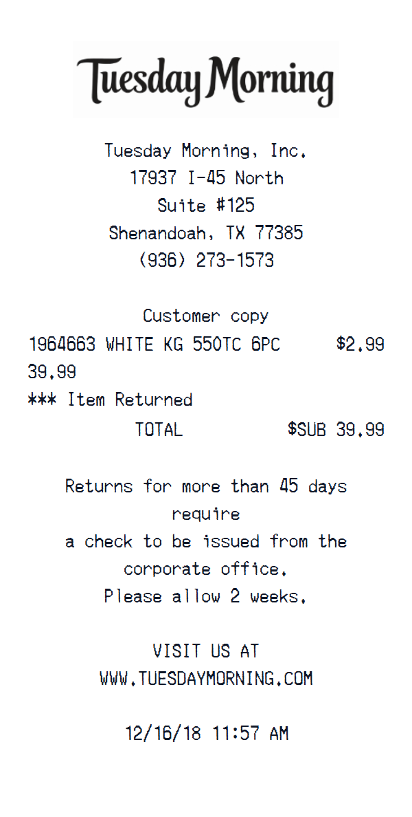 Tuesday Morning receipt example