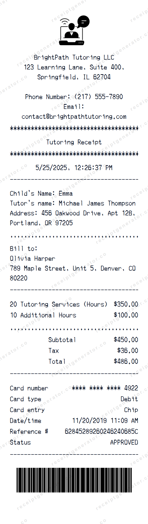 Tutoring Receipt Template Tutoring receipt template preview — realistic Tutoring receipt with items, prices, tax, and payment details