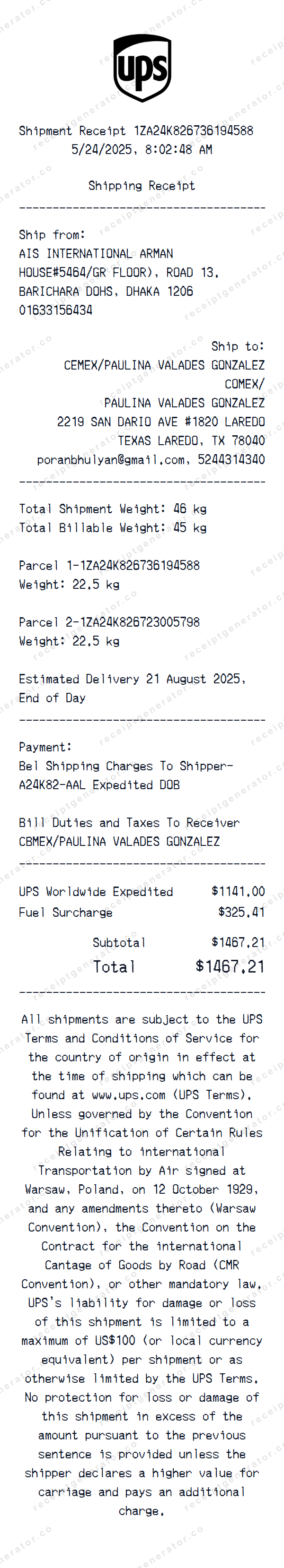 UPS Shipping Receipt Template UPS Shipping receipt template preview — realistic UPS Shipping receipt with items, prices, tax, and payment details