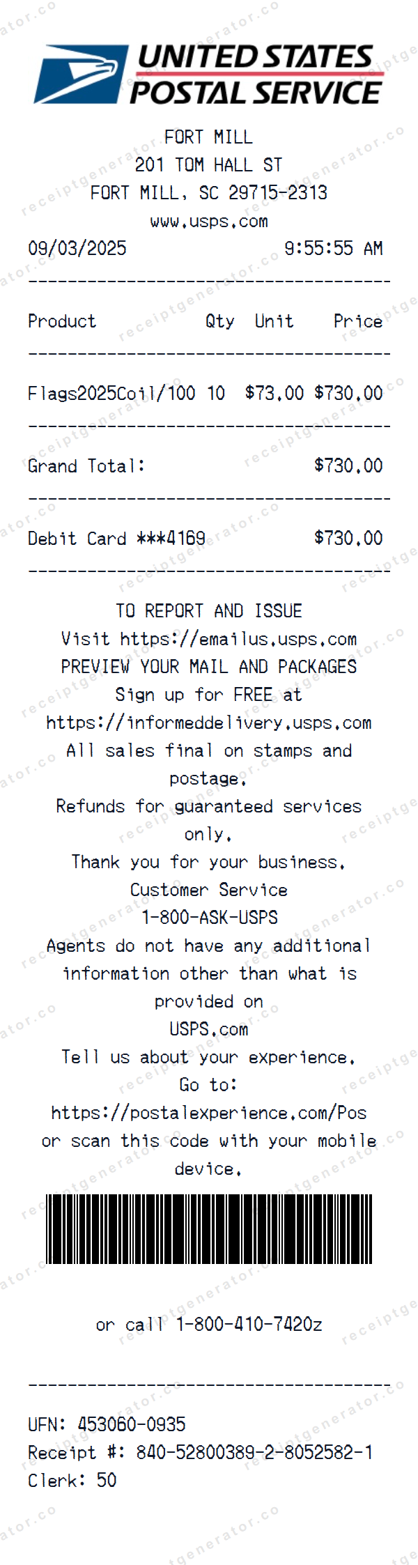 USPS Receipt Template USPS receipt template preview — realistic USPS receipt with items, prices, tax, and payment details