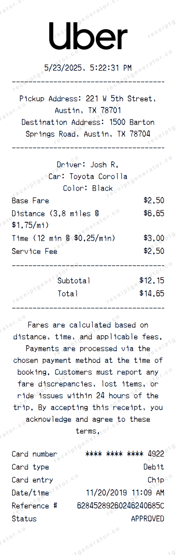 Uber Receipt Template Uber receipt template preview — realistic Uber receipt with items, prices, tax, and payment details