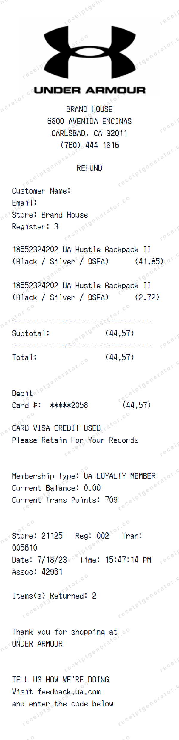 Under Armour Receipt Template Under Armour receipt template preview — realistic Under Armour receipt with items, prices, tax, and payment details