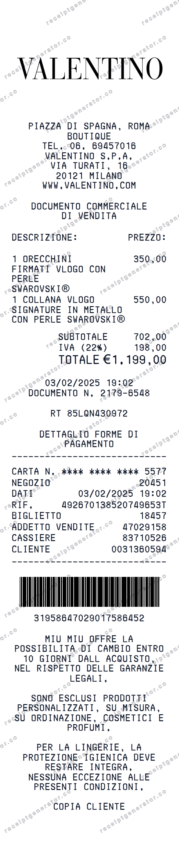 Valentino Boutique Receipt Template Valentino Boutique receipt template preview — realistic Valentino Boutique receipt with items, prices, tax, and payment details