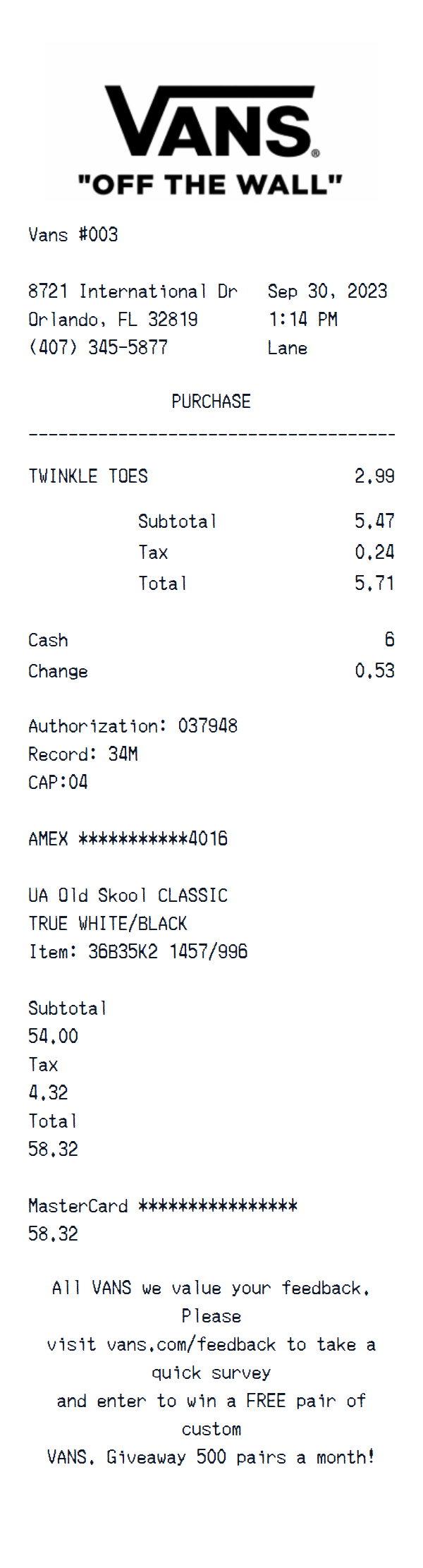 Vans receipt example