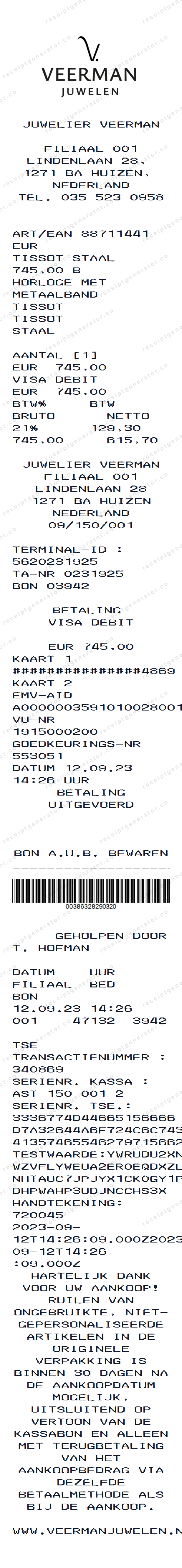 Veerman Juwelen Receipt Receipt Template Veerman Juwelen Receipt receipt template preview — realistic Veerman Juwelen Receipt receipt with items, prices, tax, and payment details
